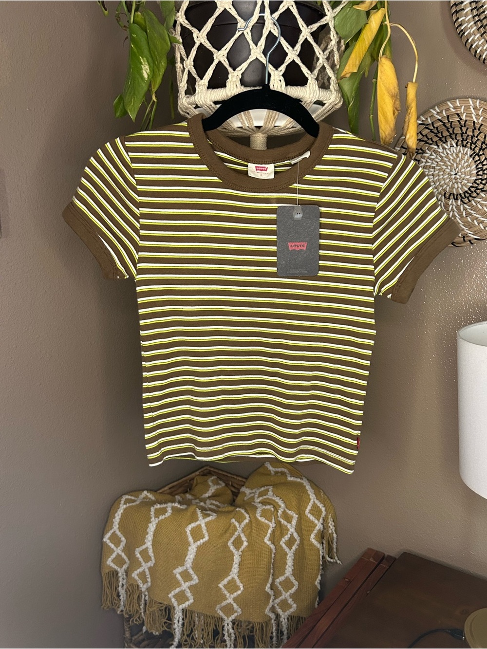 Levi's Green and White Striped Short Sleeve Brown Tee